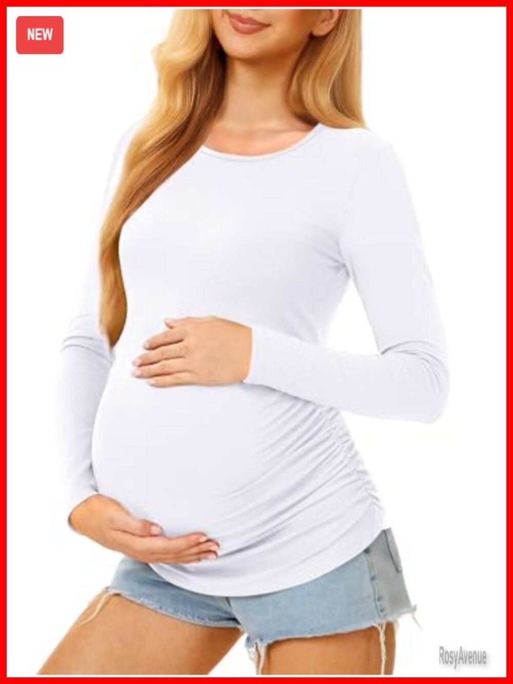 MIRAZEN Maternity Long Sleeve Crew Neck Top Side Ruching Pregnancy Shirt